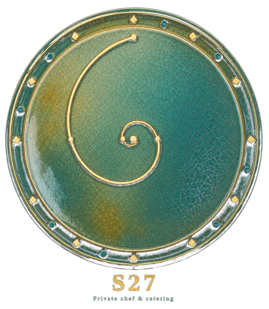 S27, a golden spiral on a teal ceramic plate, Private Chef & Catering